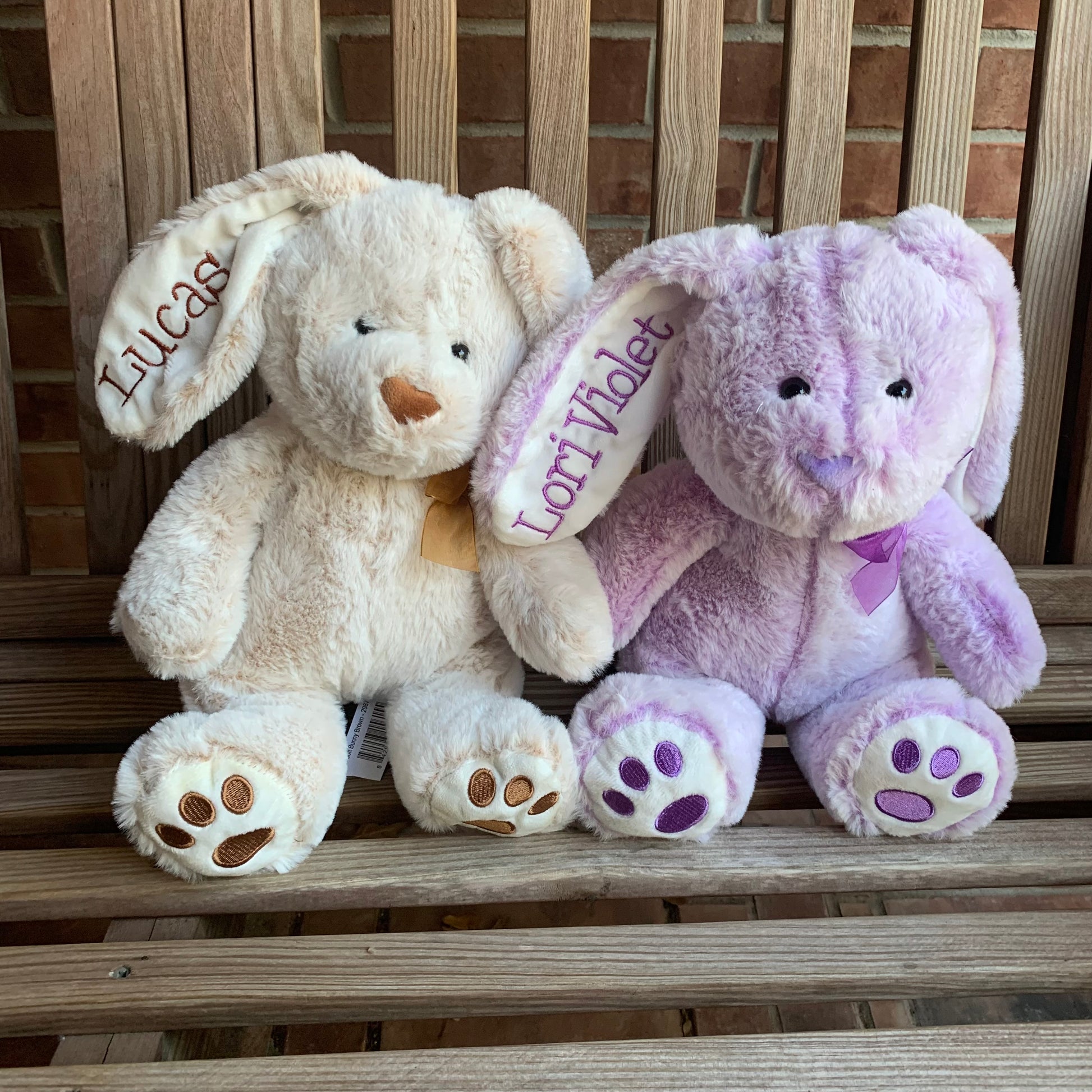 Two plush toys, one beige and one purple with embroidered names on ears, sitting on a wooden surface