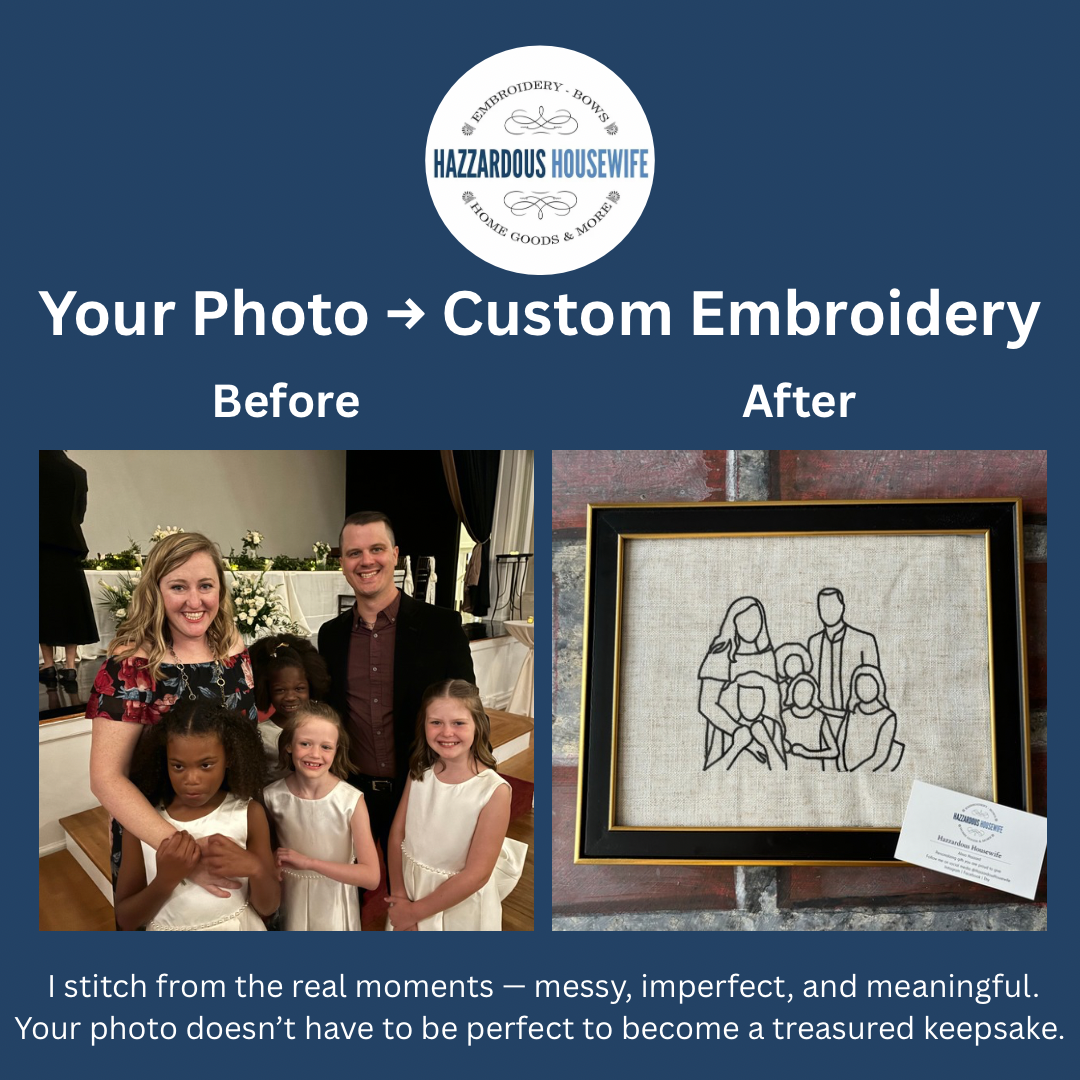 Before and after comparison of a family photo turned into custom embroidery with HazzardousHousewife branding.