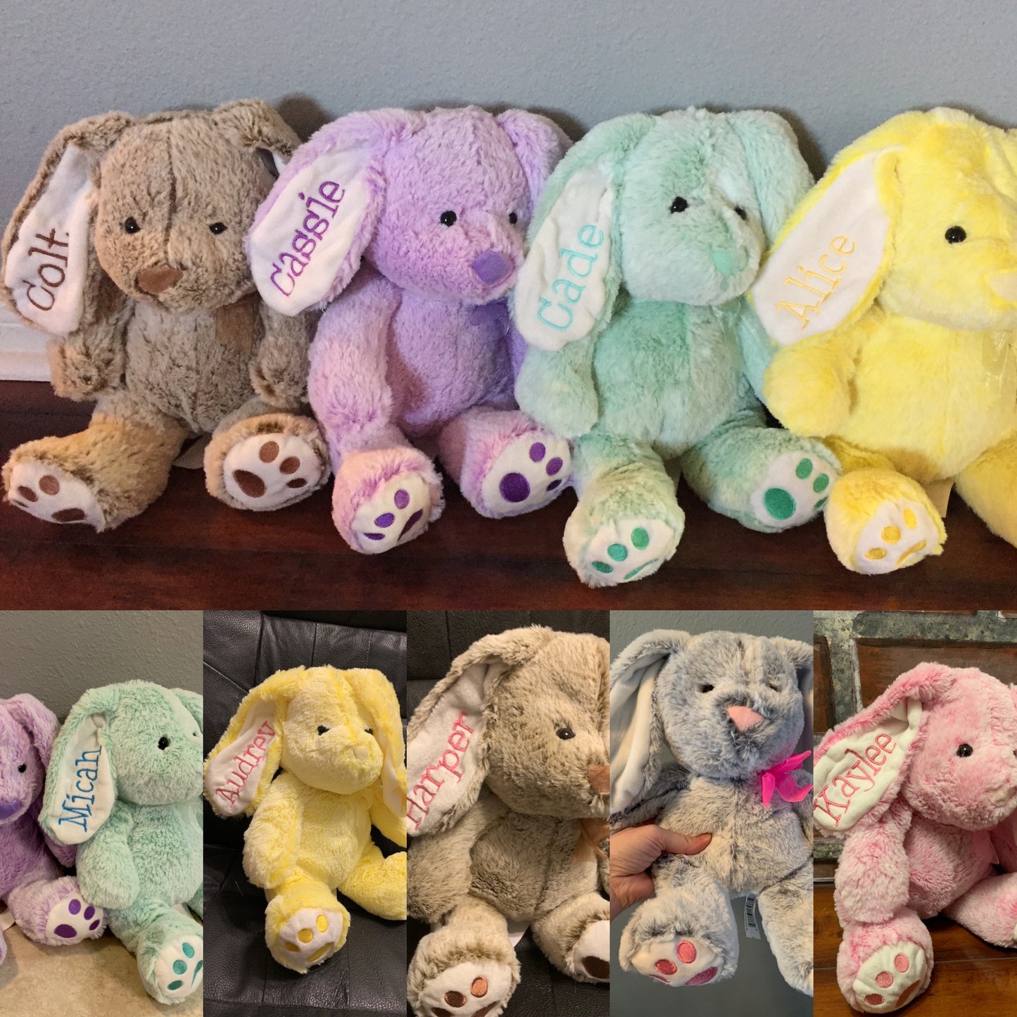 Collage of pastel-colored plush bunnies with embroidered names on a wooden surface.