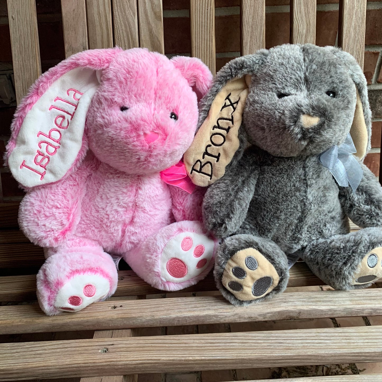 Two plush toys, a pink one with the name Isabella and a gray one with the name Bronx, sitting on a wooden surface.