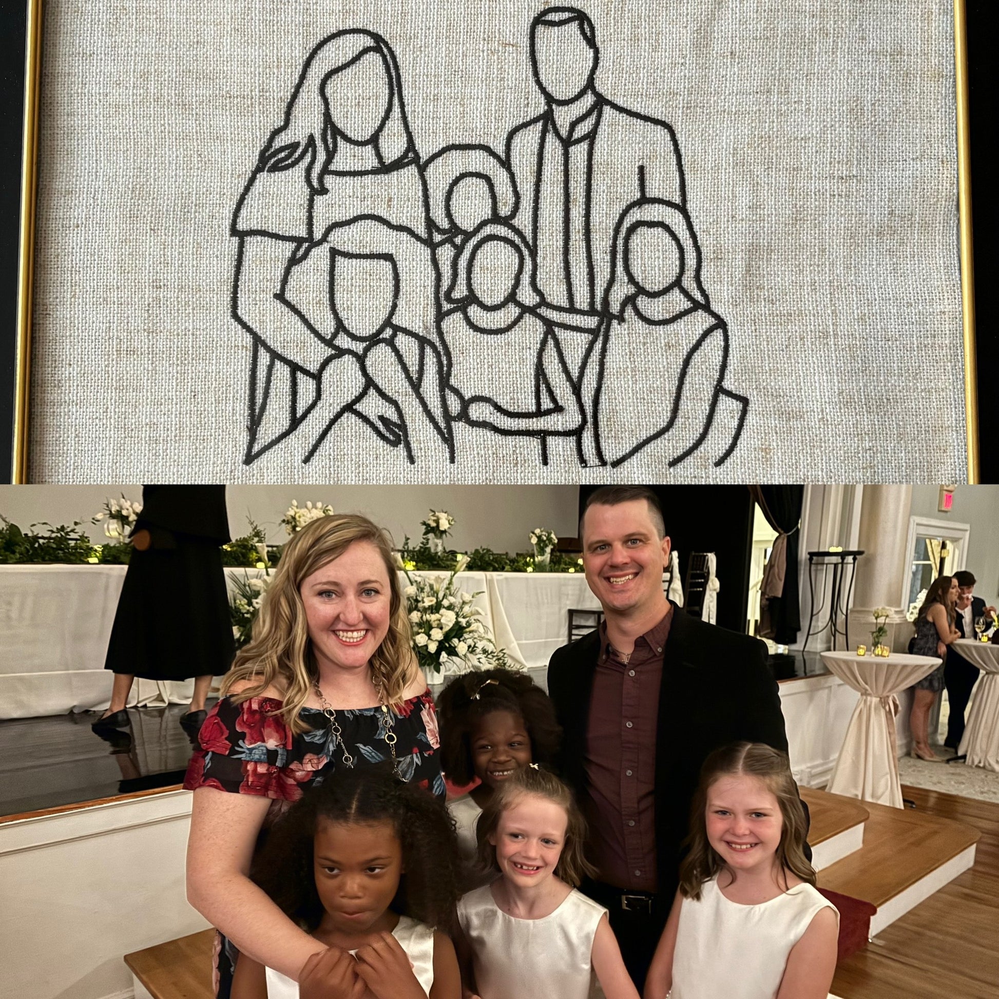 Family photo with a decorative family illustration above it